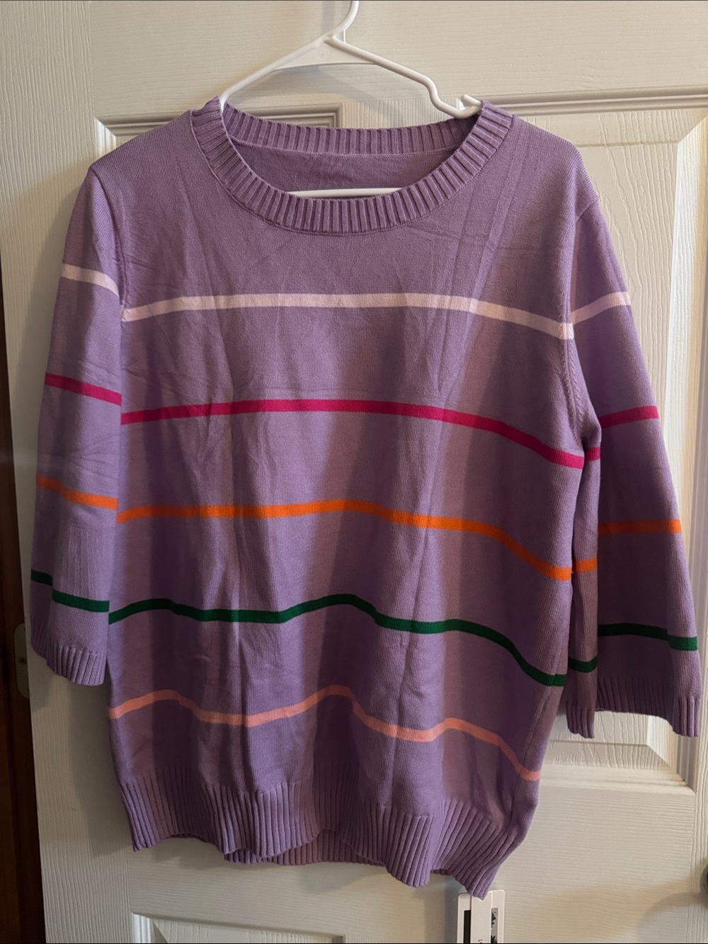 Lavender Striped Crewneck Sweater with Multicolor Bands